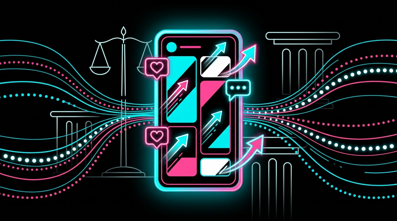 Illustration showing an abstract smartphone with dynamic short video frames, engagement icons, upward growth arrows, and subtle legal symbols in a neon cyan and pink palette.
