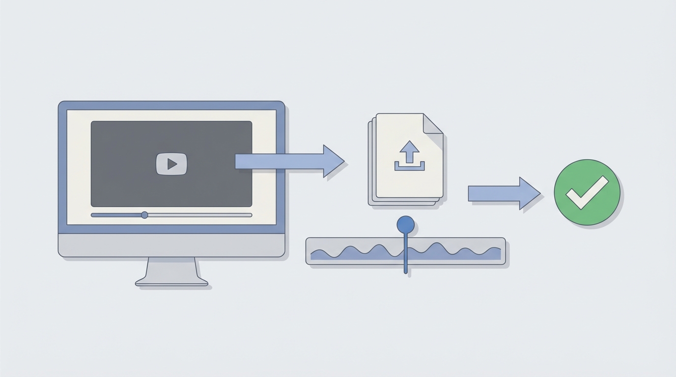 Simple flat illustration showing left-to-right flow: video player, upload document icon, waveform timeline with sync marker, and a publish checkmark. Muted blue and gray palette, uncluttered layout, no text in the image.