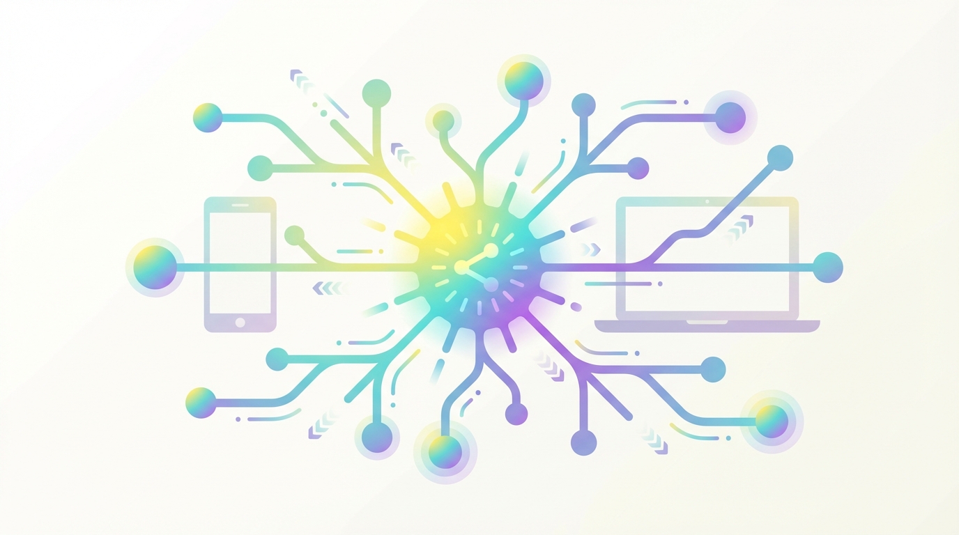 Illustration showing a central glowing node with radiating interconnected nodes and subtle smartphone and laptop silhouettes to represent rapid sharing across social networks.
