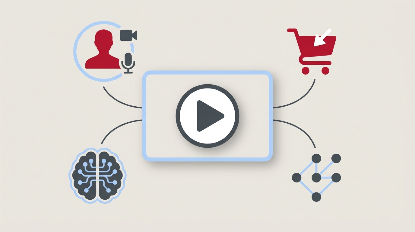 Illustration showing a central video player with icons for creators, commerce, AI, and channels connected around it. No text in image.
