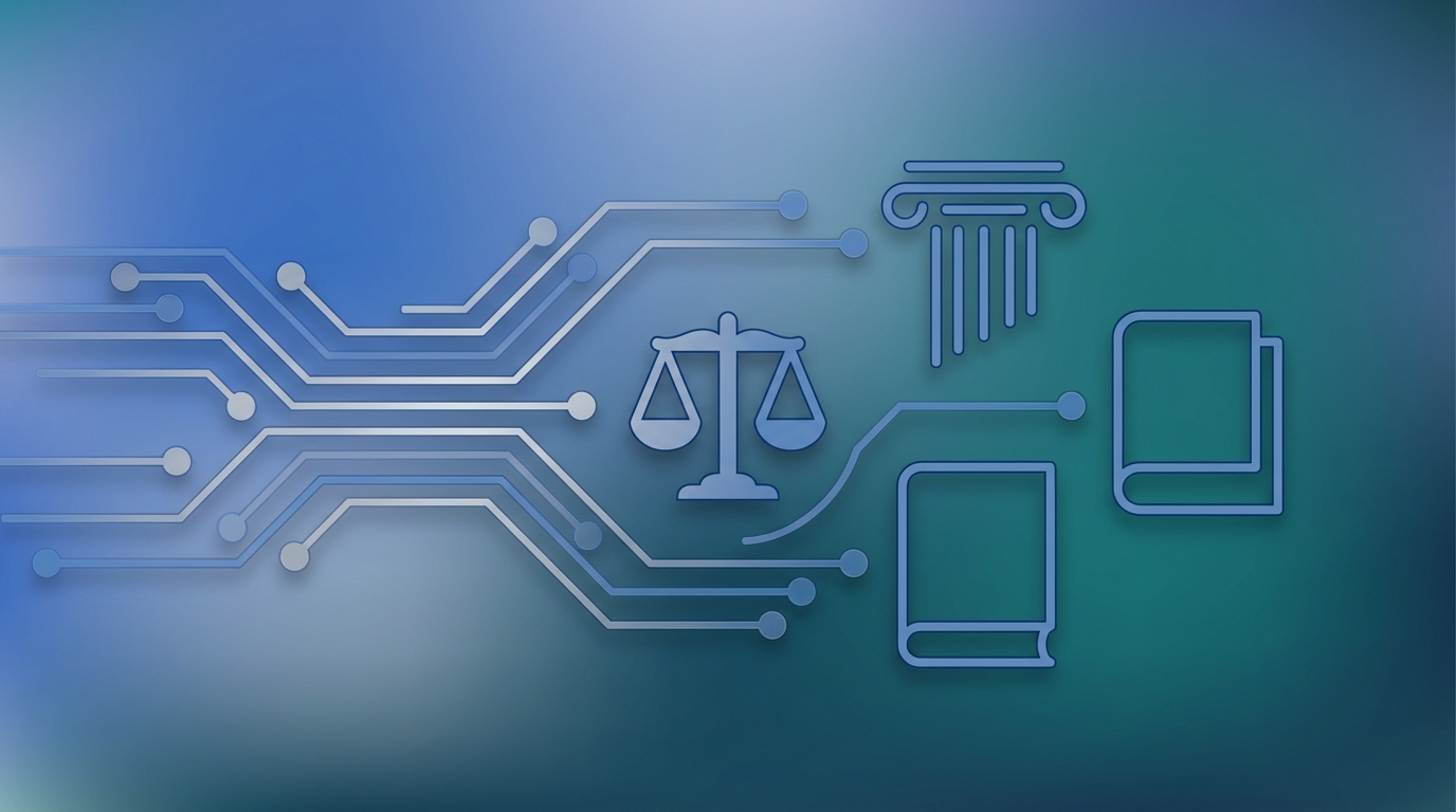 Abstract illustration of AI and law intersecting with stylized network lines flowing into simple legal icon shapes such as scales and a law book.