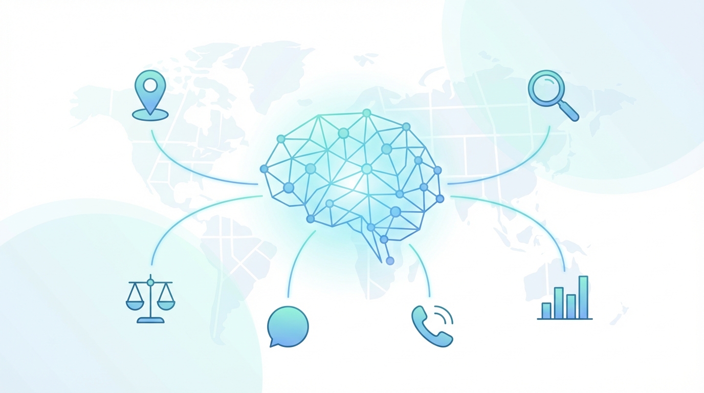 Abstract AI brain with digital marketing icons and a faint map background, illustrating AI integration with Google platforms for legal marketing and local ads.