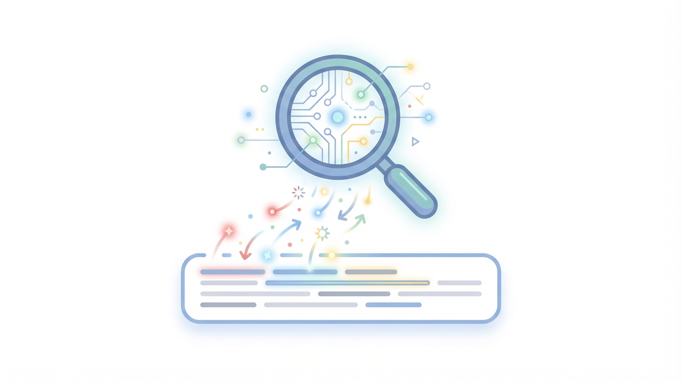 Stylized magnifying glass over a blank headline bar with circuit-like AI elements and transformation particles suggesting headline rewrites