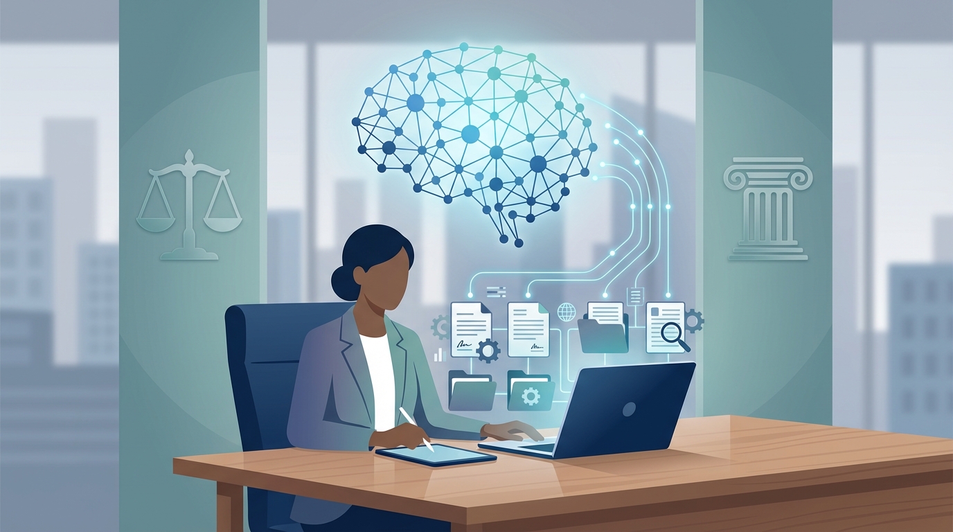 Illustration showing a legal professional at a desk using a laptop and tablet while an abstract AI node network flows from devices into organized digital documents and folders, with subtle legal motifs in the background