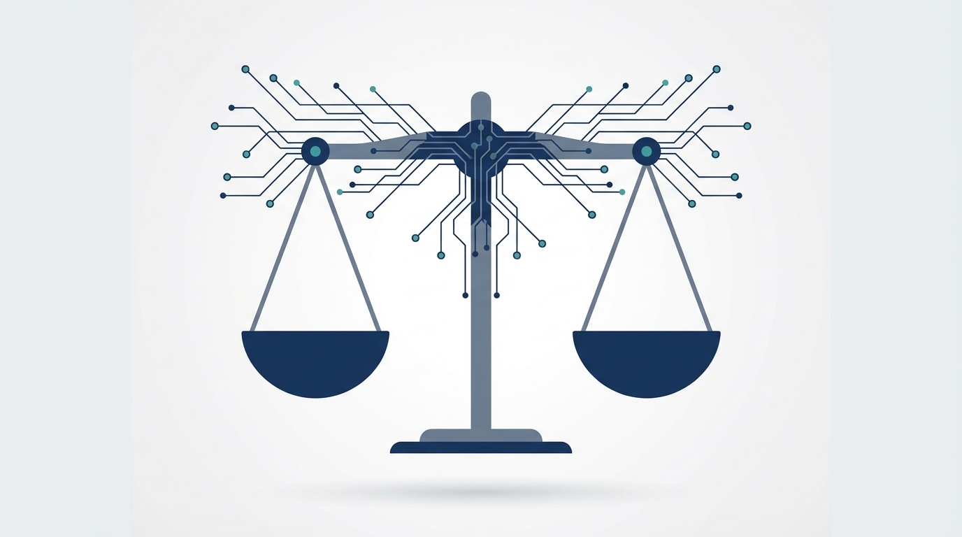 Minimalist vector illustration merging a classic legal balance scale with subtle circuit board and network node motifs to represent AI integration in law firms. Clean navy, slate gray, and teal color palette with a soft gradient background.