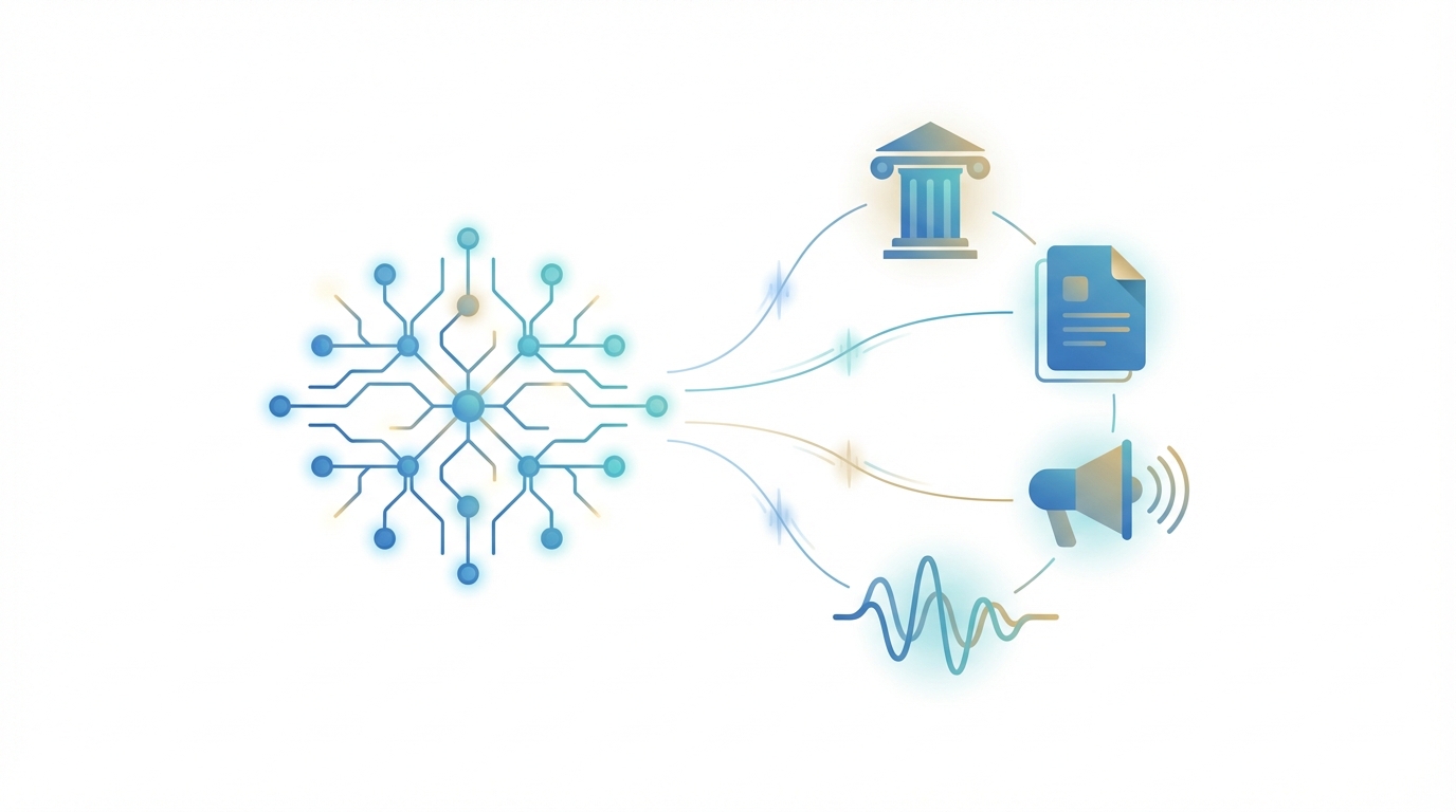 Abstract modern vector showing a neural network flowing into stylized symbols for a courthouse column, document, megaphone, and audio waveform to represent AI transforming law firm marketing channels.