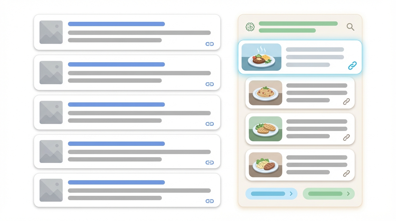 Illustration of an AI-enhanced Google search interface showing traditional search results on the left and an AI Mode side panel with recipe thumbnails, short summaries, and link indicators on the right. The selected recipe tile is highlighted.