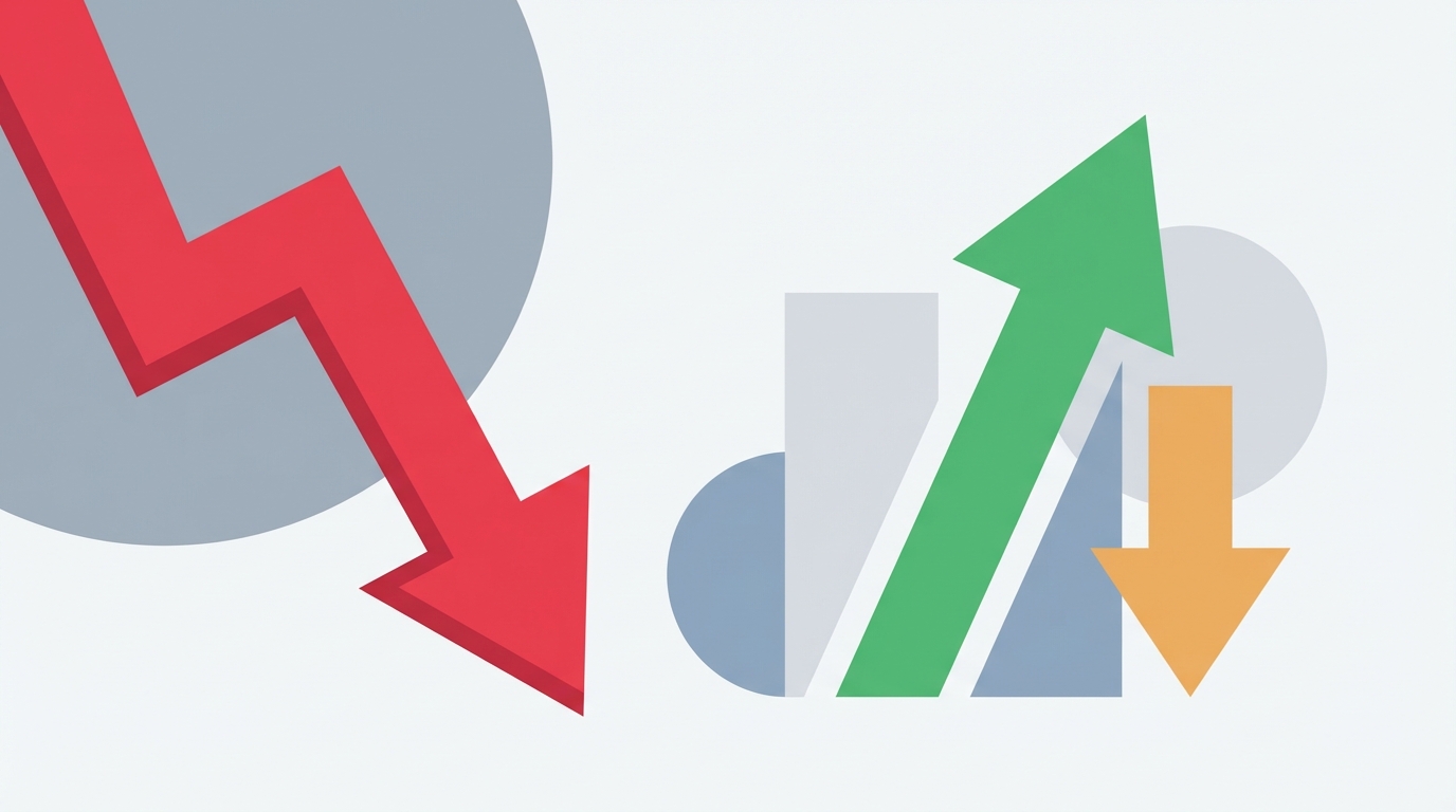 Conceptual illustration showing a bold downward red arrow for overall organic search decline, a green upward arrow for breaking news increase, and a smaller orange downward arrow for evergreen content drop. Abstract circles and bars in the background indicate relative traffic volumes before and after AI Overviews. Clean vector style and no textual elements inside the image.