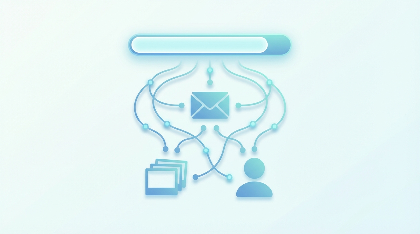 A clean search bar above a stylized neural network connecting to icons representing email, photos, and a user silhouette, illustrating AI driven personalized search without any text or logos.