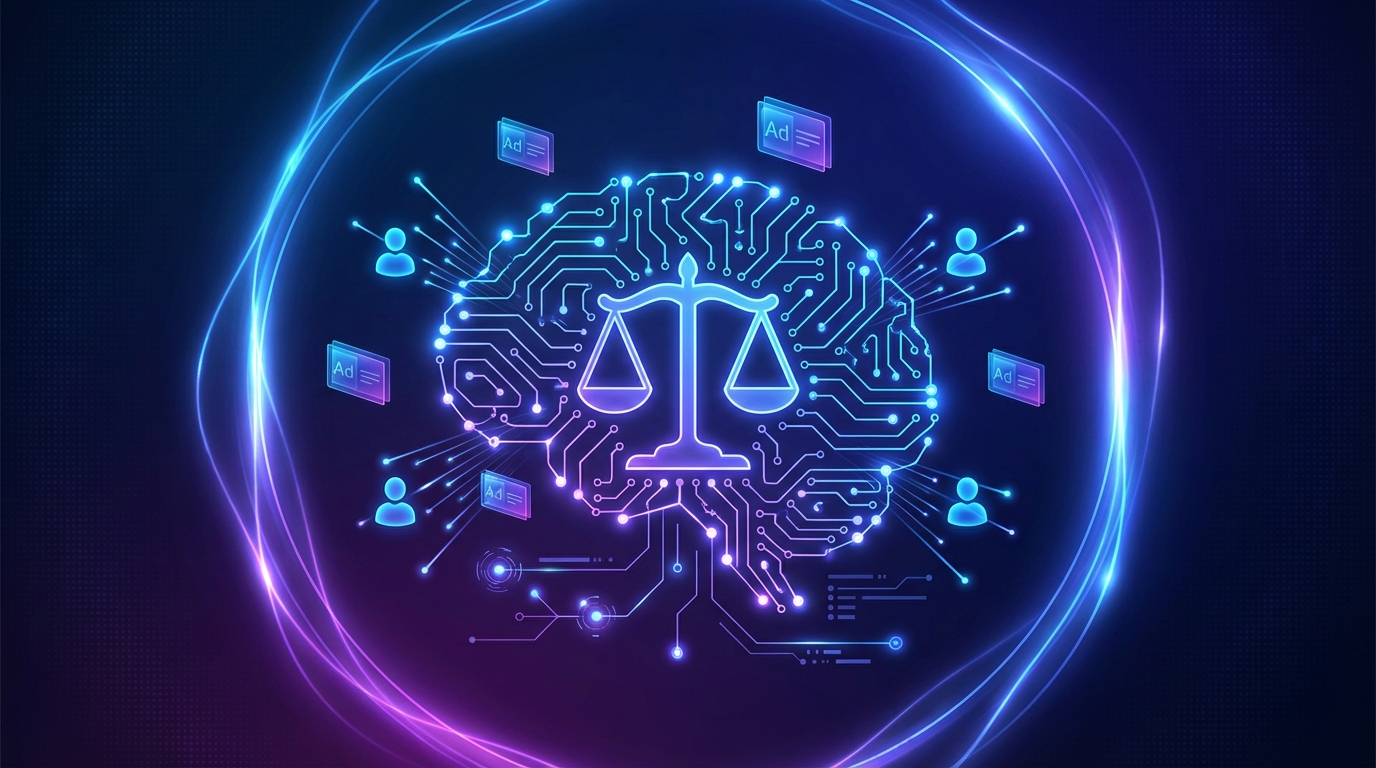 Futuristic digital artwork showing a stylized scales of justice integrated into a glowing neural network and circuit-board pattern. Holographic ad rectangles float around agent-like glowing nodes to imply automated PPC and AI agents interacting with legal services.