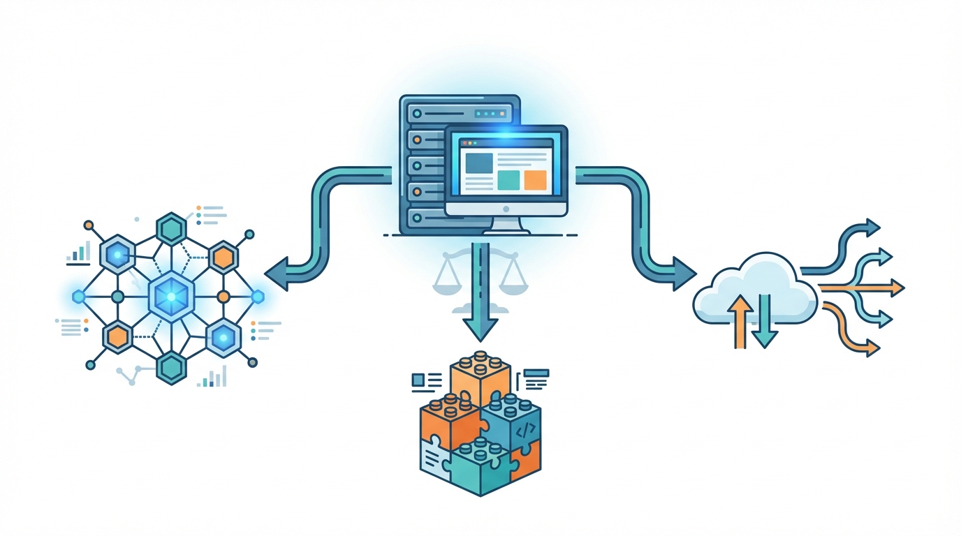 Simple vector illustration showing a central website server icon connected to symbols for structured data (knowledge graph nodes), adaptable CMS (stackable tiles), and flexible architecture (cloud with API arrows), with a subtle scales of justice silhouette to indicate the legal industry.
