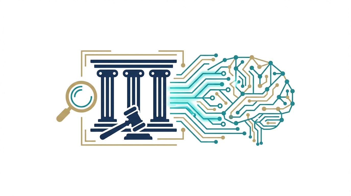 A minimalist law firm icon with classical columns blends into abstract neural network circuits while a magnifying glass morphs into AI traces, symbolizing integration of legal practice and AI-driven SEO.