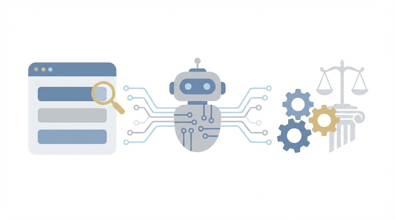 Illustration showing a stylized search page, a friendly robot connected by circuit lines, and interlocking gears with a subtle courthouse column silhouette to suggest law firms