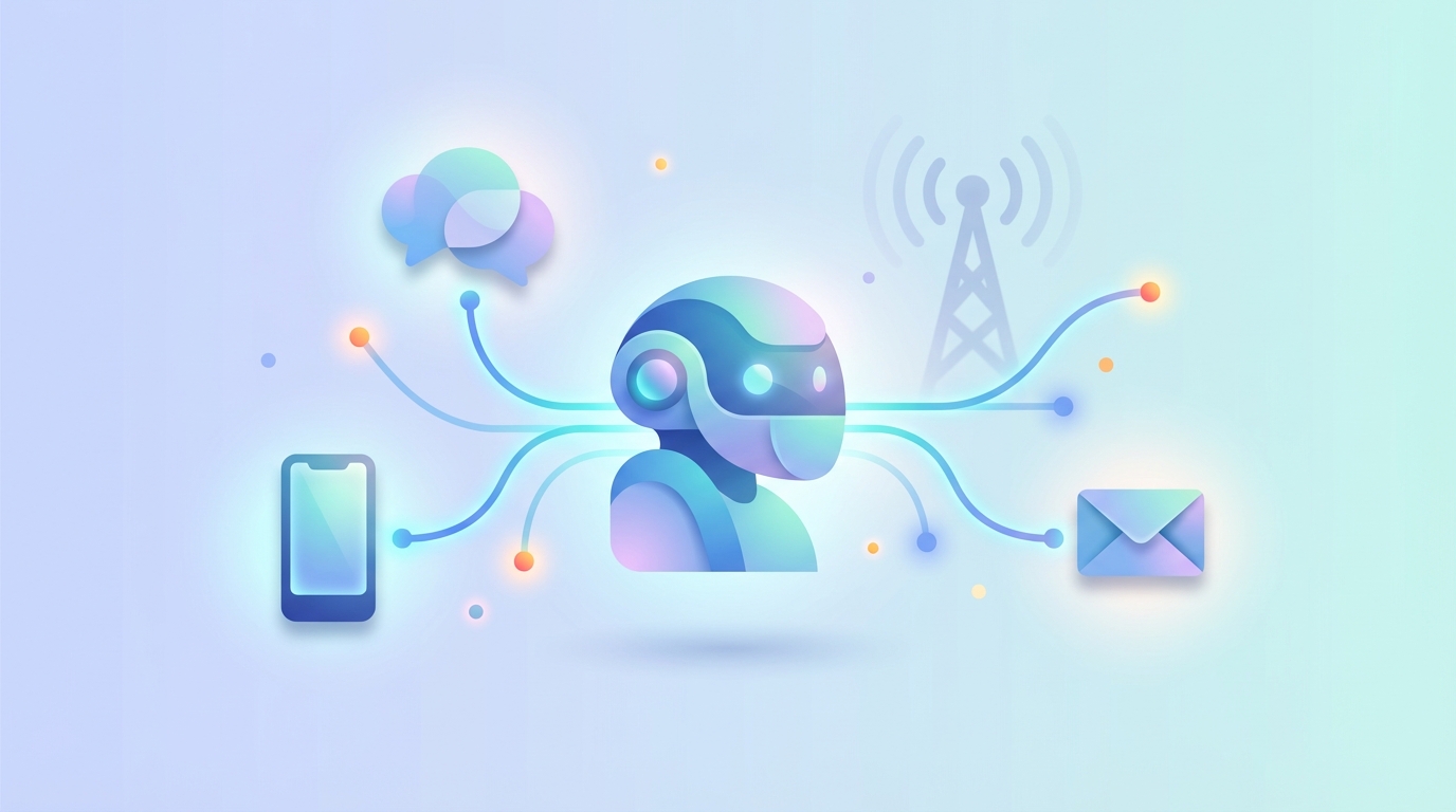 Abstract illustration of a stylized AI agent connecting via glowing lines to a smartphone, chat bubble, and email envelope with a faint telecom tower silhouette in the background; modern blue teal and purple gradient with warm accent dots to show engagement and attention.