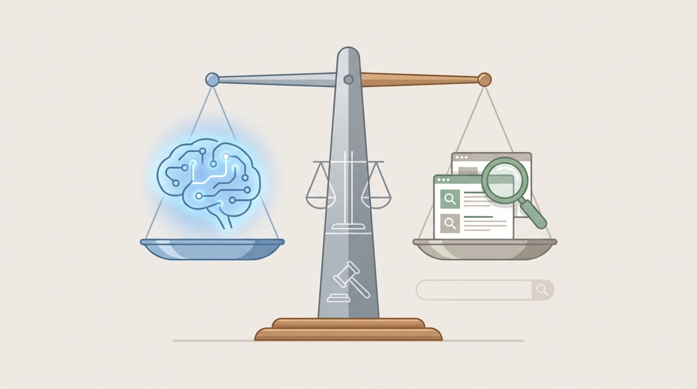 A minimal balanced scale with a stylized blue AI brain on one pan and webpage tiles plus a magnifying glass on the other, with a subtle legal motif integrated into the scale base.