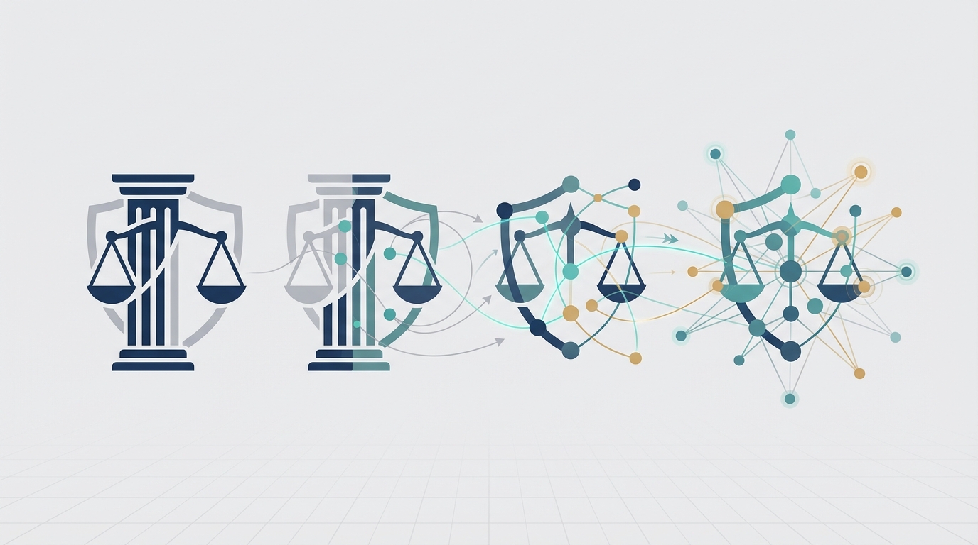 A clean horizontal vector illustration showing a law firm emblem morphing into a connected network of nodes, using navy teal gray and gold accents to suggest brand evolution and influencer reach.