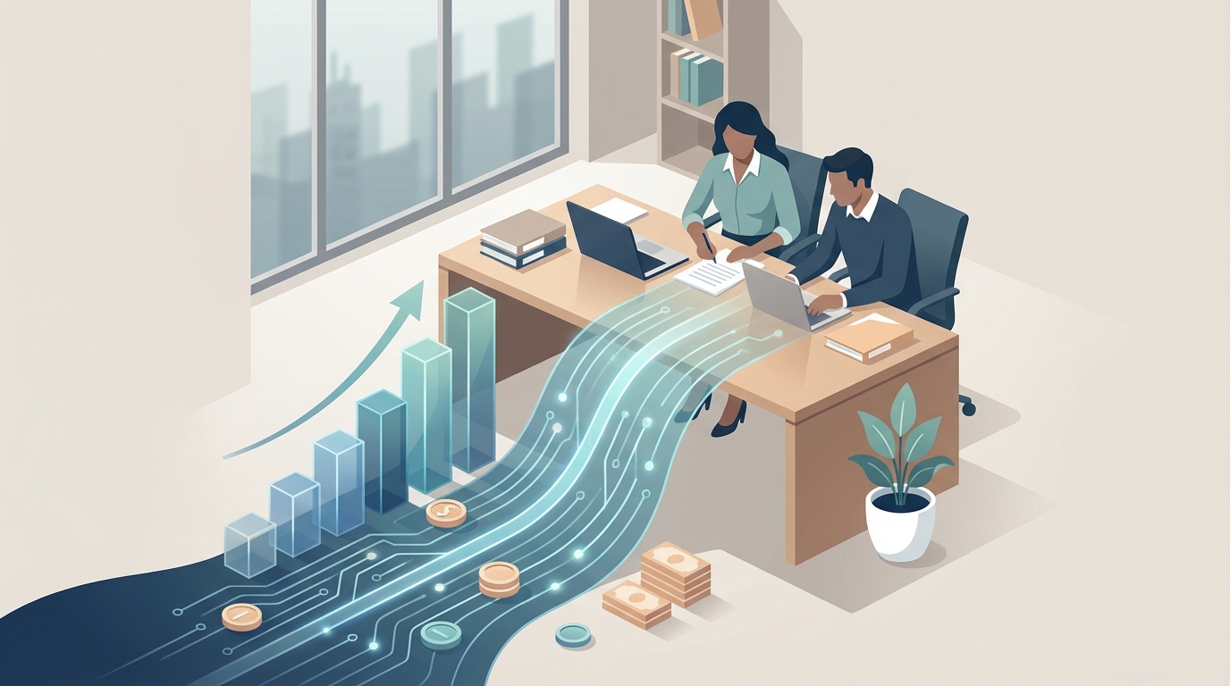 Illustration of two lawyers in a modern office with abstract ascending bars and glowing fintech payment signals representing financial growth driven by fintech solutions like Clio Capital.