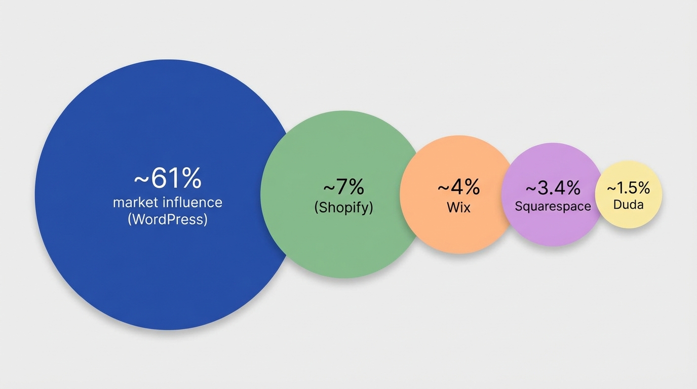 Abstract circular visualization showing relative market influence of five CMS platforms: WordPress largest, Shopify medium, Wix smaller, Squarespace smaller, Duda smallest. Circles overlap slightly and use a neutral palette with soft shadows.