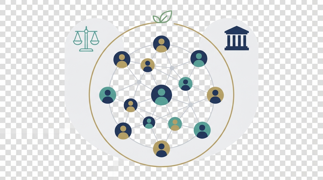 Simple vector illustration showing a circular network of diverse people icons connected by lines and nodes, subtle scales of justice and courthouse silhouettes in the background, and an upward growth motif. Professional palette of navy blue, teal, muted gold, and light gray. No text in image.