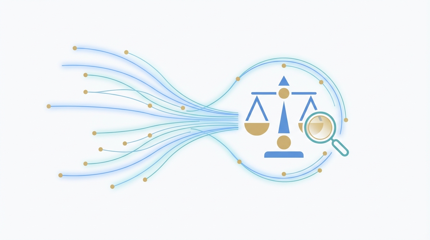 Stylized flowing data lines and connected nodes moving toward an abstract scales of justice icon with a subtle search magnifying glass nearby; clean blue teal and gold palette, no text overlays.