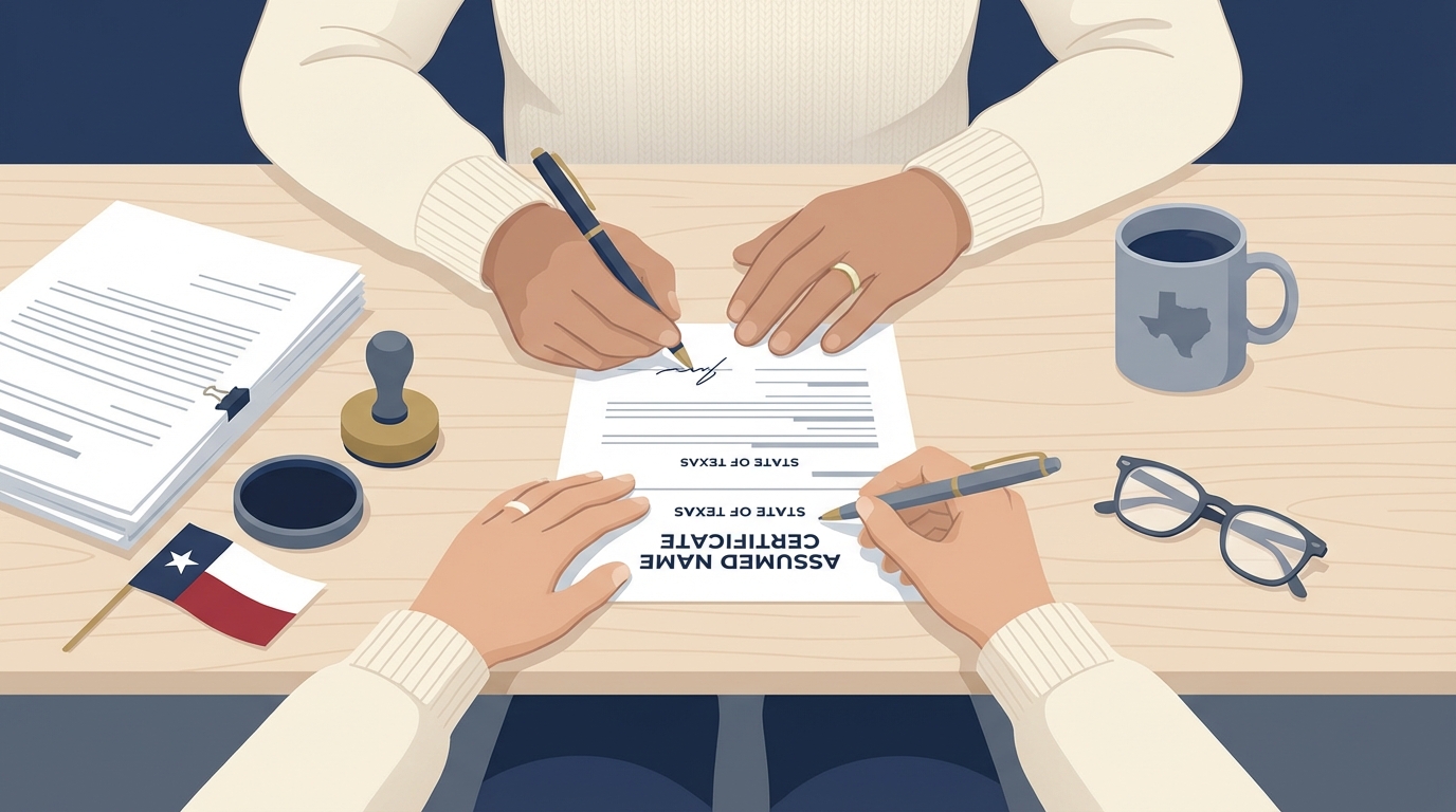 Person filling out business registration forms at a desk with a stamp and subtle Texas icon