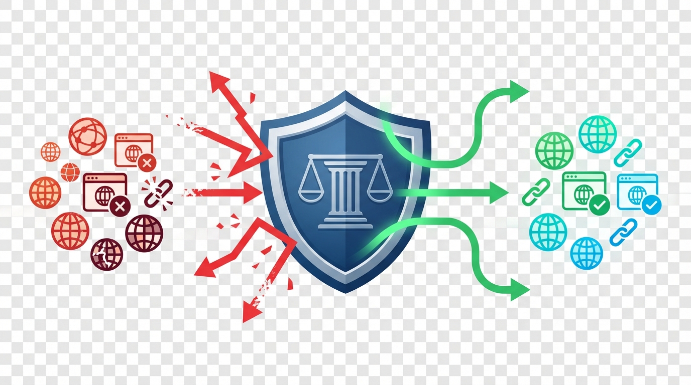 A modern flat illustration showing a legal shield protecting a website. Red domain icons approaching from the left are deflected by the shield, while blue and green domain icons on the right connect safely, illustrating the concept of disavowing entire TLDs with the domain directive for SEO link safety.