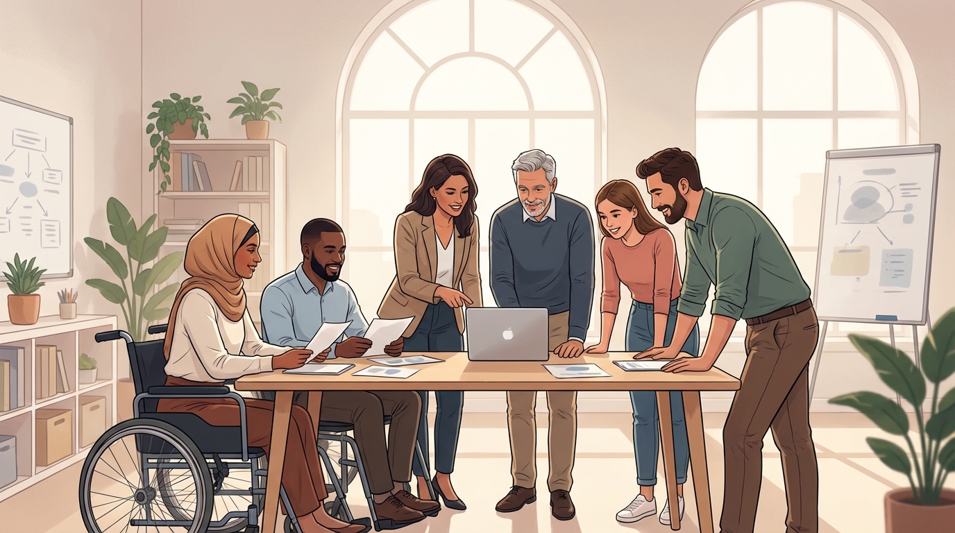 Diverse group of professionals collaborating in an office setting