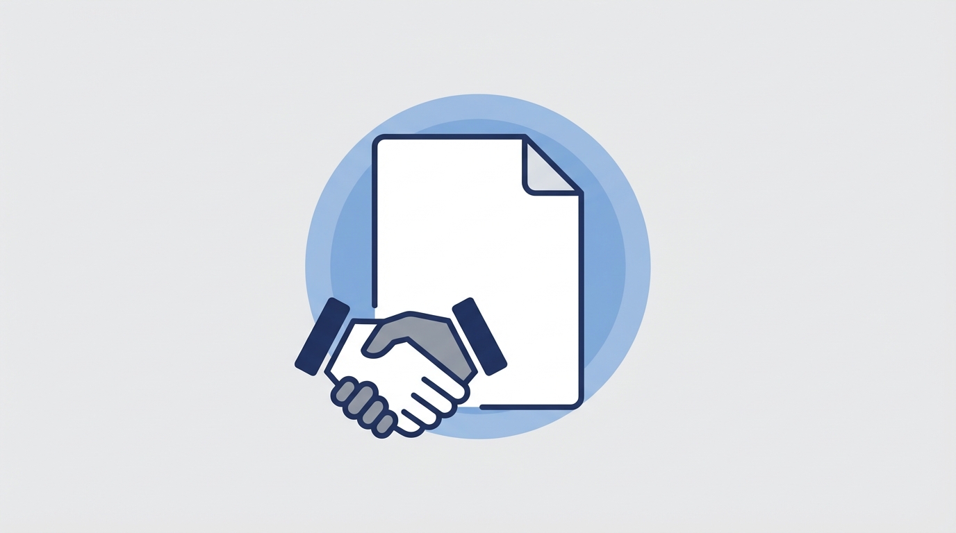 Simplified vector image of a clean document icon over a soft blue trust badge with a minimalist handshake symbol, on a light gray background