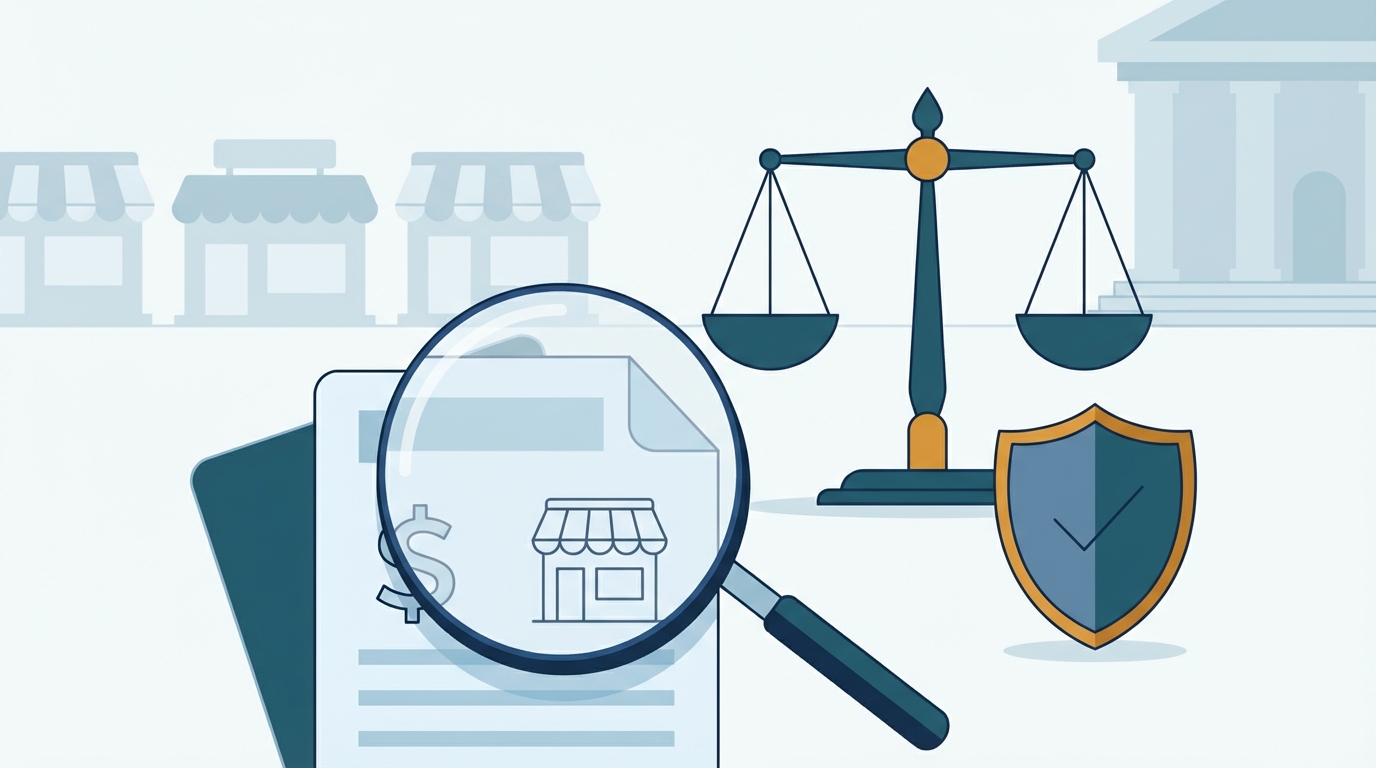 Illustration of a magnifying glass over a loan document with a balanced scale and shield in the background, conveying fraud detection and legal vigilance for small business relief programs.