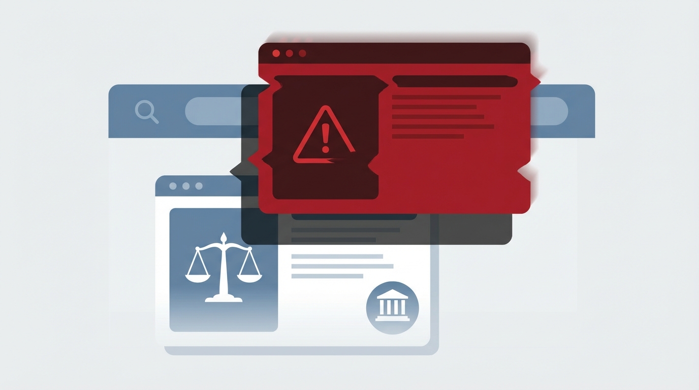 Law firm website card faded in the background while a larger, darker impostor site card appears higher in a stylized search results list, with a small warning icon near the impostor and motion blur to suggest sudden prominence. The composition uses blue tones for the authentic site and red dark gray tones for the impostor, without any text or logos.