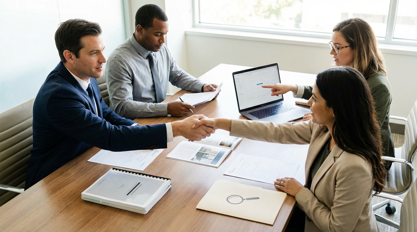Law firm meeting: handshake and document review
