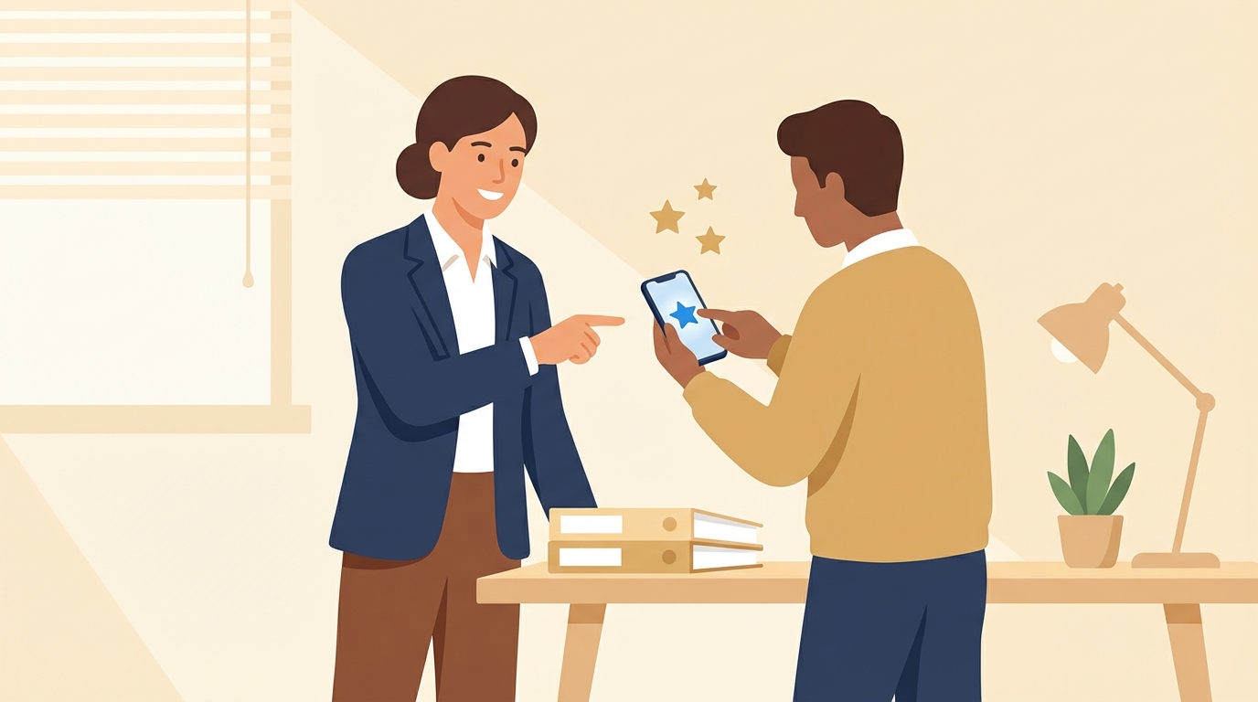 Lawyer and client interacting over a smartphone, leaving a review &mdash; warm, professional illustration showing a lawyer guiding a client who taps a phone, with star-like icons above the device and a neat office background.