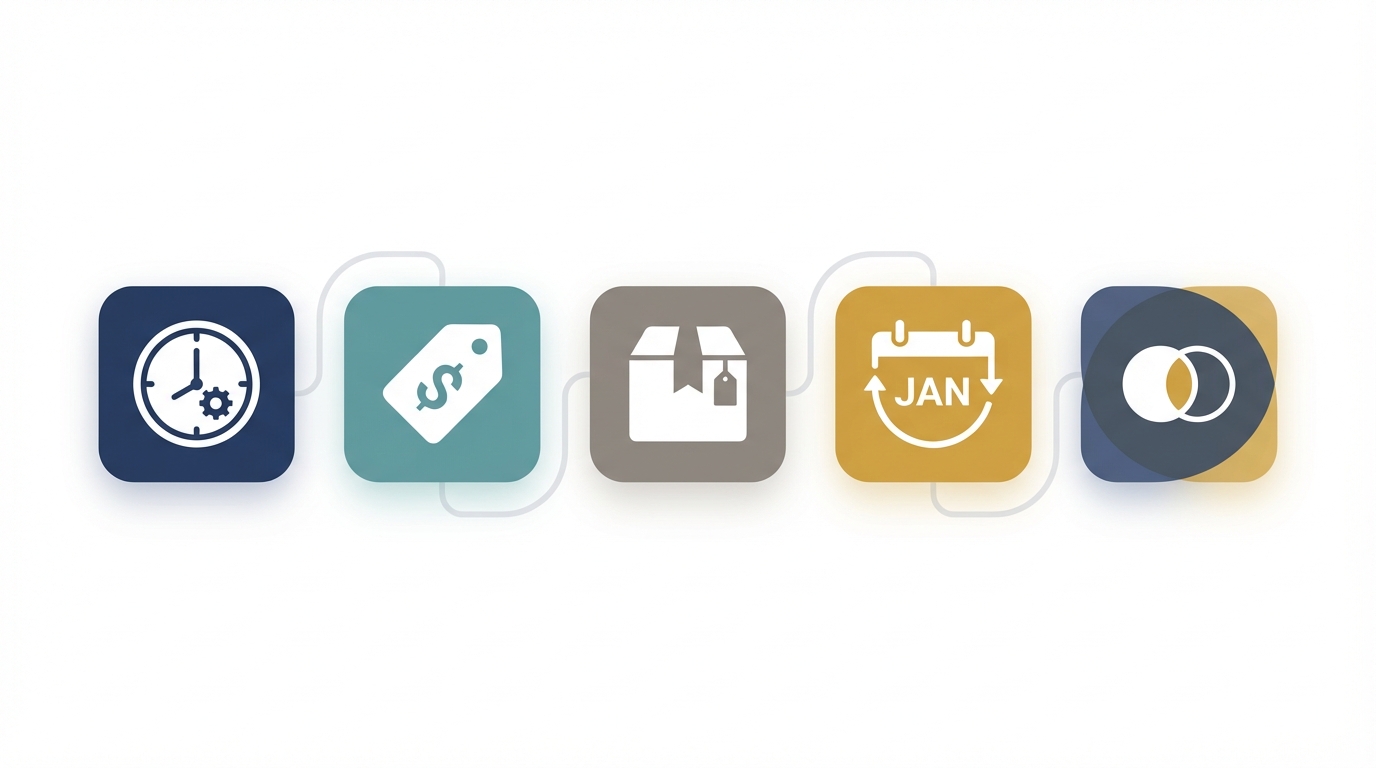Icons representing billable hour, flat fee, productized services, subscription retainer, and hybrid models arranged horizontally in rounded shapes with a muted professional palette