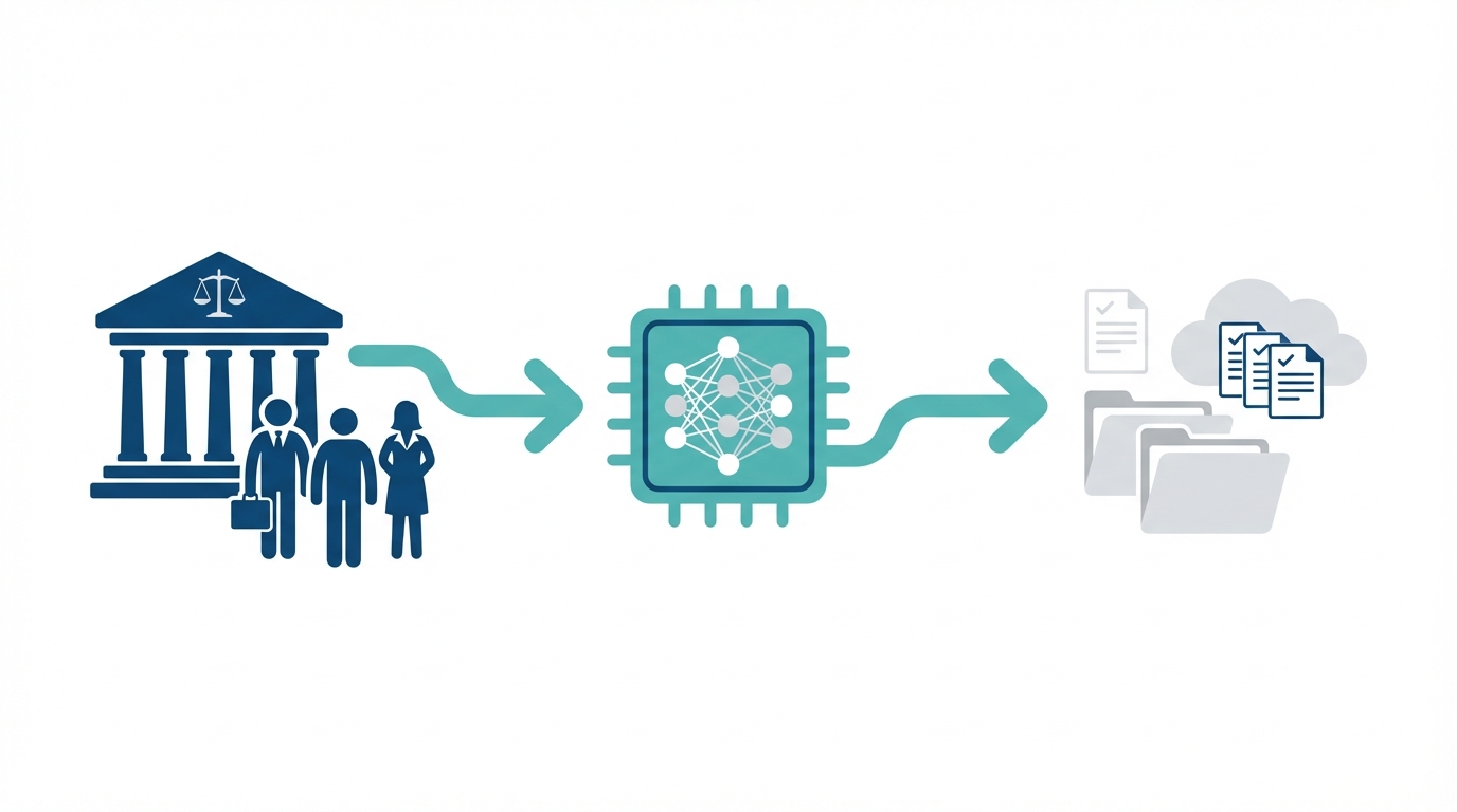 Simple vector illustration showing a courthouse icon connected by arrows to an AI chip icon and then to organized folders and cloud documents, with small people silhouettes to represent clients and lawyers. Professional color palette: deep blue, teal, light gray.