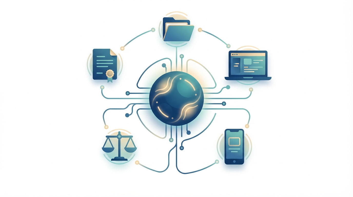 Illustration depicting a glowing AI core connected to document, folder, laptop, mobile device, and legal scale icons, symbolizing AI-powered drafting and seamless workflow integration within legal tech environments.