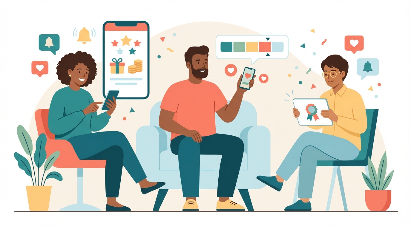 Simple flat-style illustration showing three diverse customers interacting with a mobile loyalty app, earning points, and receiving rewards. No text or logos appear in the image.