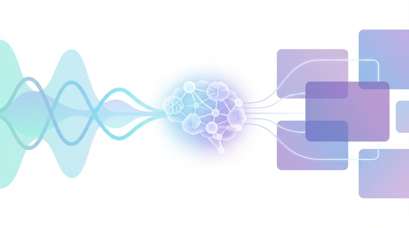 Abstract illustration showing stylized sound waves on the left, overlapping video frame shapes on the right, and a central translucent AI brain icon connected to both by fine lines, on a clean light background.
