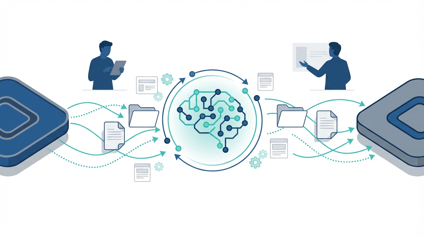 Illustration of interconnected platforms with an AI brain icon and legal documents flowing between systems to represent seamless native ndMAX integration