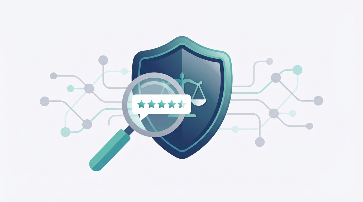 A clean illustration showing a glossy digital shield embossed with scales of justice, a magnifying glass focusing on a five-star review bubble, and interconnected nodes in the background to symbolize online trust and networked reputation.