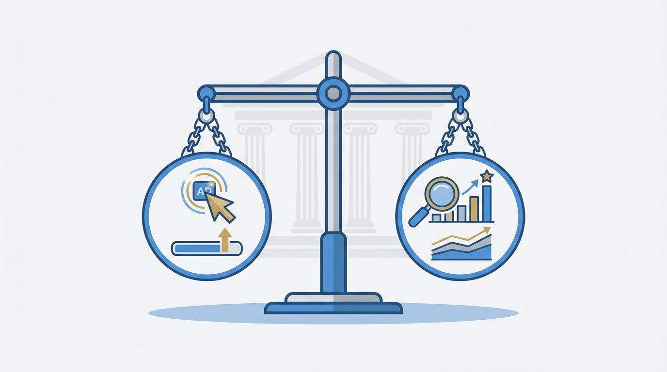 Balanced illustration of PPC vs SEO for law firms in 2026