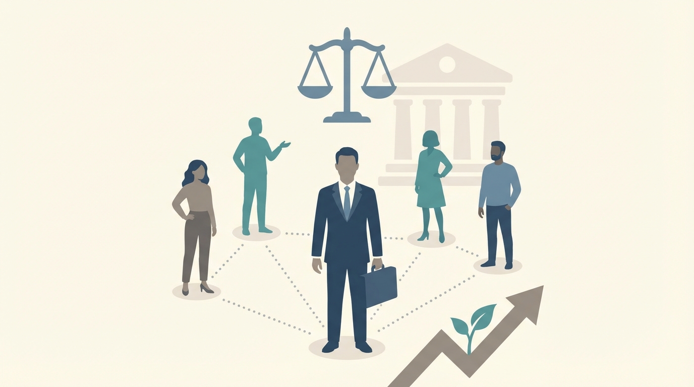 Illustration showing a lawyer at the center of a small network of people connected by lines, stylized courthouse and scales in the background, and an upward growth sprout to symbolize client pipeline expansion.