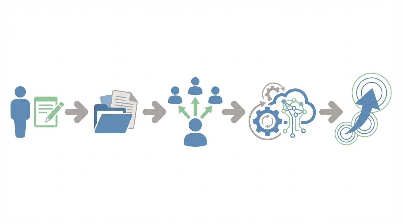 A clean flat illustration showing left to right workflow with icons representing client intake, documentation, delegation, process gears, AI cloud, and growth arrows. Arrows connect each component to show flow and scalability.
