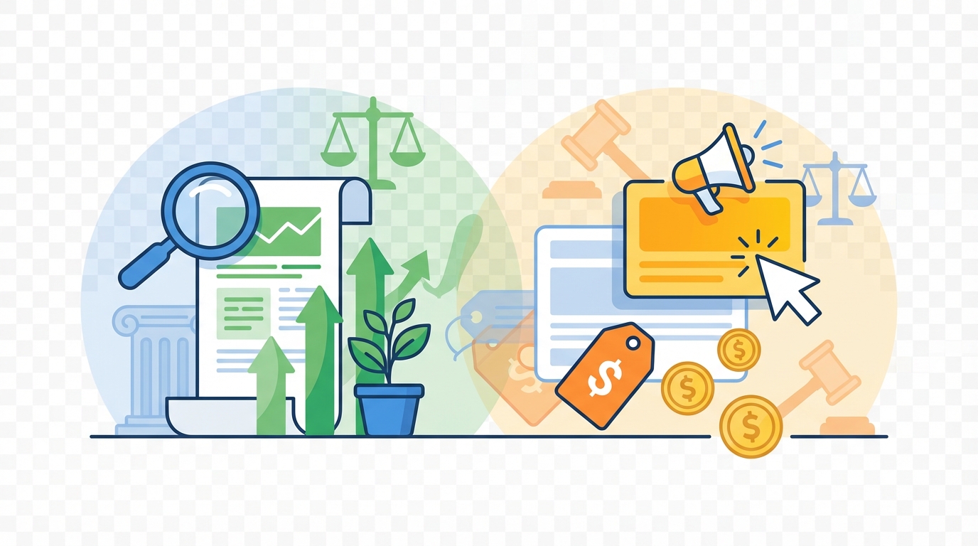 Split-scene vector illustration showing SEO on the left with a magnifying glass, organic growth icon, and courthouse column; PPC on the right with a clicking cursor, ad card, and coin icon; subtle legal scales in both halves; clean flat style, no text.