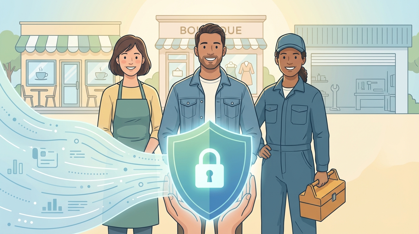 Illustration of three diverse small business owners standing confidently in front of storefronts with a large friendly shield and padlock protecting flowing abstract data.