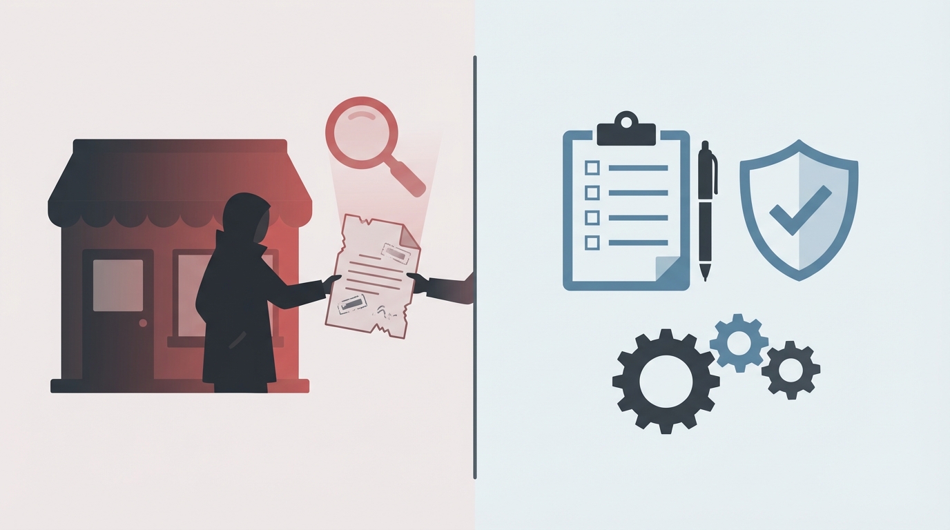 A split vector scene showing a small storefront with a shadowed figure handing a folded, subtly forged document under a magnifying glass on the left and HR compliance symbols including a clipboard, shield with checkmark, and gears on the right. Muted red tones highlight fraud, and muted blue tones represent compliance.