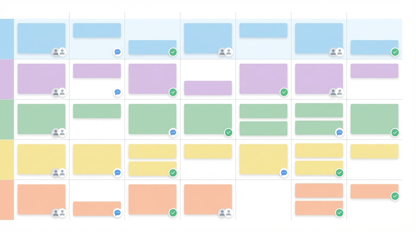 Simple social media content calendar layout showing a weekly grid with five platform rows and color coded post blocks plus collaboration icons