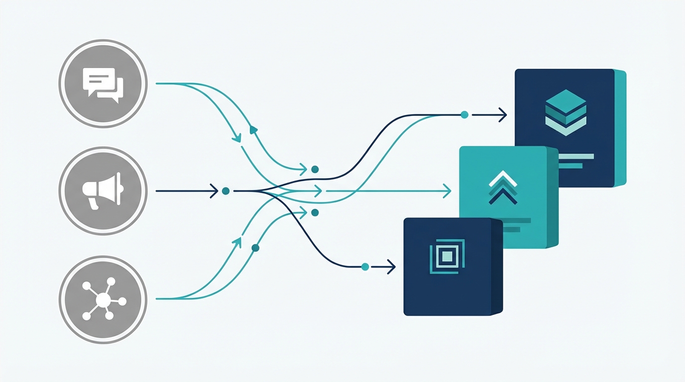 Illustration showing social media icons connected via lines to a hierarchical product line of boxes, symbolizing strategy integration for law firms.