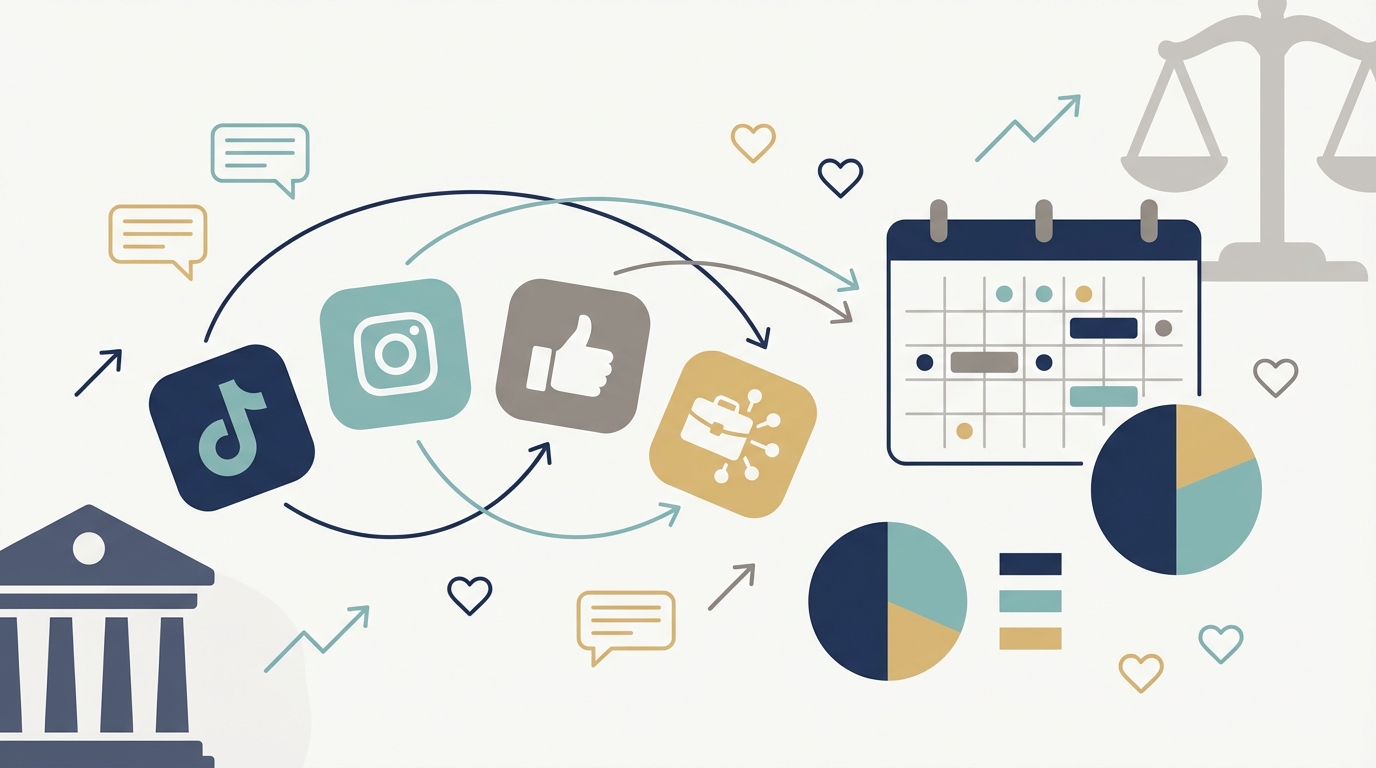 Clean illustration showing four social platform symbols, a calendar scheduler, engagement icons, and a three-part content-balance graphic representing the 50-30-20 rule, with a subtle courthouse silhouette in the background.