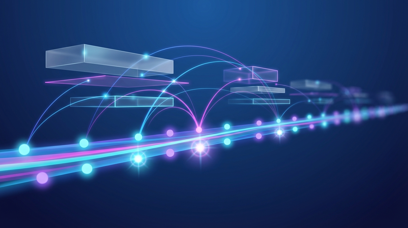 Abstract illustration showing a long horizontal timeline with glowing nodes representing tokens, layered memory blocks connecting to nodes with arcs to suggest associative recall, and several nodes highlighted to represent the surprise metric. Blue and cyan color palette with magenta accents, 16:9 aspect ratio, high resolution.
