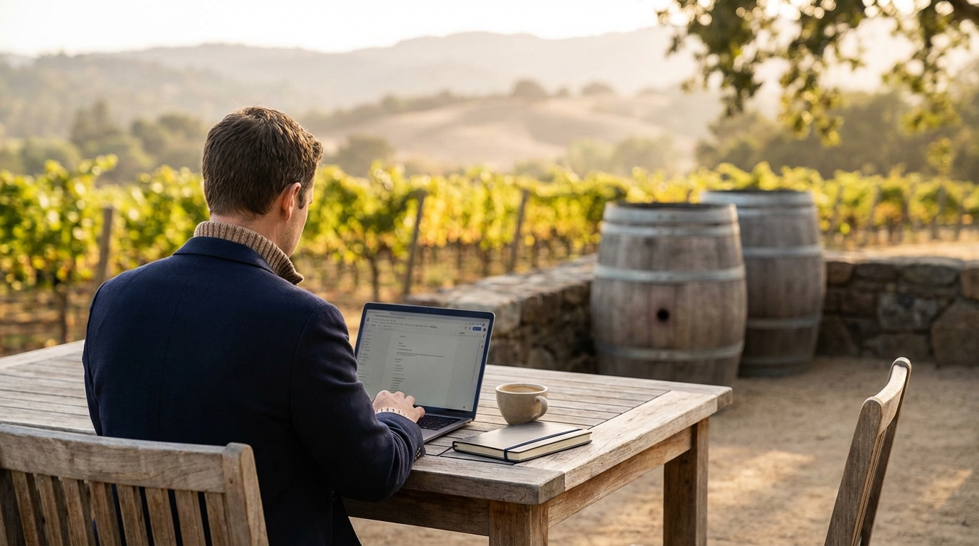 A tech founder working on a laptop at a wooden patio table overlooking grapevines and rolling hills, evoking a relaxed winery workspace in Sonoma County.